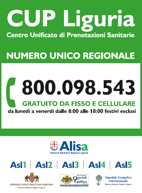 Cup Liguria  - Centro unificato di prenotazione telefonica - numero verde 8 dalle 8 alle 18 lunedì e venerdì gratuito da fisso e cellulare 800098543